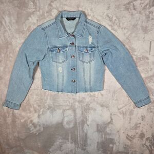 Ci Sono Cropped Distressed Denim Jacket Womens M Light Wash Frayed Hem Y2K